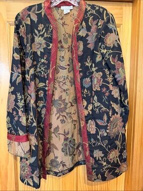 All Faithful Black Floral Open-Front Tunic Jacket with Red Trim